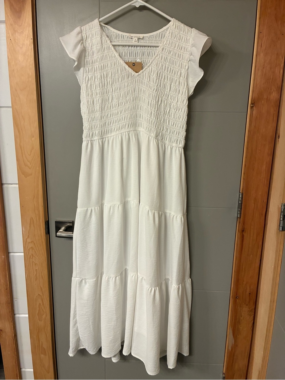 Blu Pepper White Smocked V-Neck Maxi Dress